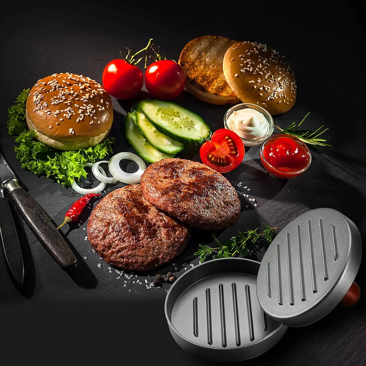 GrillMaster™ — La presse à hamburgers parfaite pour des steaks maison impeccables