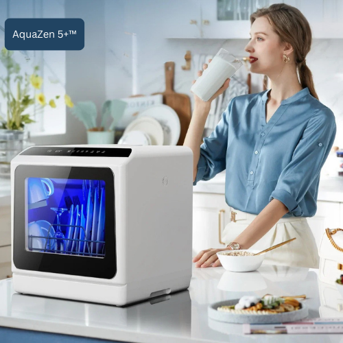 AquaZen 5+™ : Le Lave-Vaisselle Compact à Double Réservoir, Zéro Tracas et Ultra Efficace